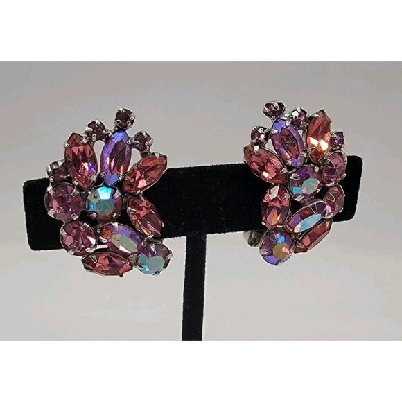 Vintage WEISS Pink Aurora Borealis Rhinestone Earrings Silver Tone Clip On HTF - Picture 1 of 9
